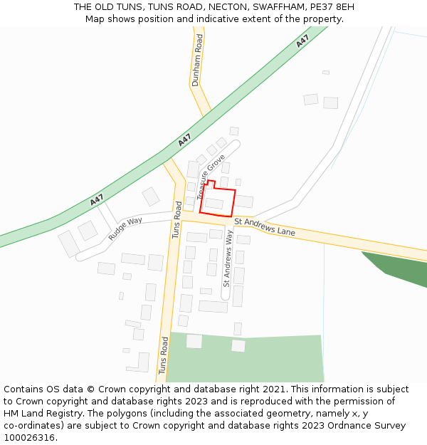 THE OLD TUNS, TUNS ROAD, NECTON, SWAFFHAM, PE37 8EH: Location map and indicative extent of plot