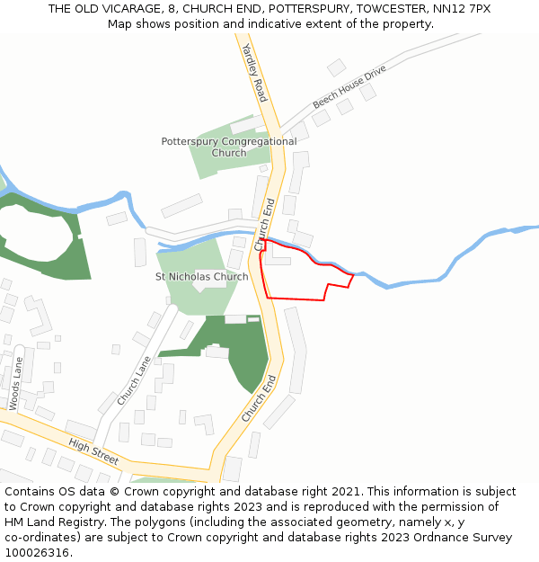 THE OLD VICARAGE, 8, CHURCH END, POTTERSPURY, TOWCESTER, NN12 7PX: Location map and indicative extent of plot