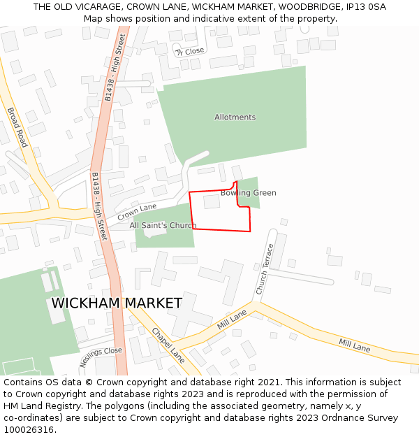 THE OLD VICARAGE, CROWN LANE, WICKHAM MARKET, WOODBRIDGE, IP13 0SA: Location map and indicative extent of plot