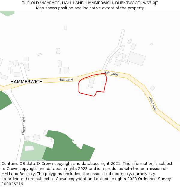 THE OLD VICARAGE, HALL LANE, HAMMERWICH, BURNTWOOD, WS7 0JT: Location map and indicative extent of plot