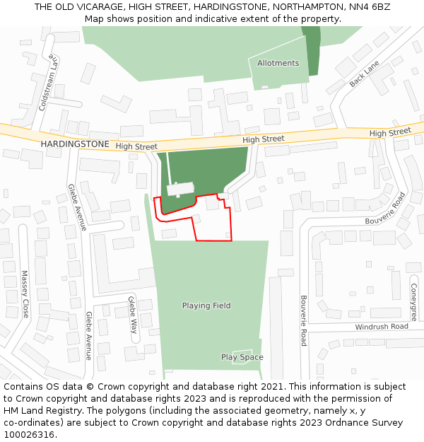 THE OLD VICARAGE, HIGH STREET, HARDINGSTONE, NORTHAMPTON, NN4 6BZ: Location map and indicative extent of plot