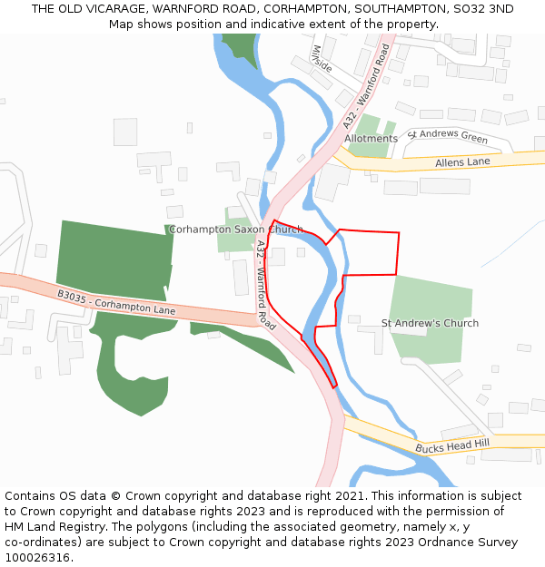 THE OLD VICARAGE, WARNFORD ROAD, CORHAMPTON, SOUTHAMPTON, SO32 3ND: Location map and indicative extent of plot