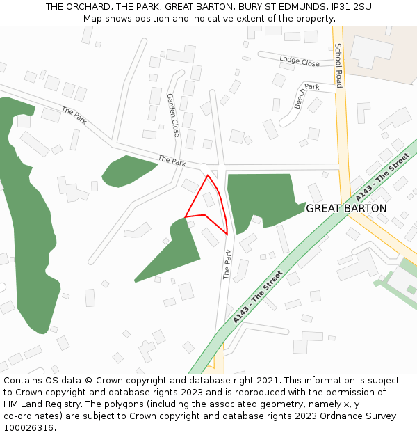 THE ORCHARD, THE PARK, GREAT BARTON, BURY ST EDMUNDS, IP31 2SU: Location map and indicative extent of plot