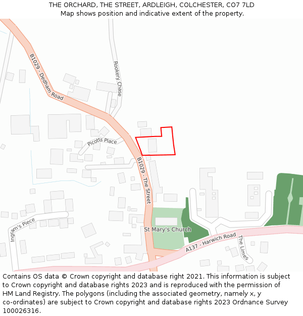 THE ORCHARD, THE STREET, ARDLEIGH, COLCHESTER, CO7 7LD: Location map and indicative extent of plot