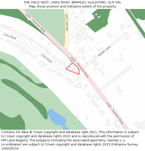 THE OWLS NEST, LINKS ROAD, BRAMLEY, GUILDFORD, GU5 0AL: Location map and indicative extent of plot