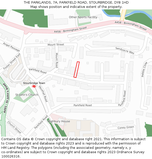 THE PARKLANDS, 7A, PARKFIELD ROAD, STOURBRIDGE, DY8 1HD: Location map and indicative extent of plot