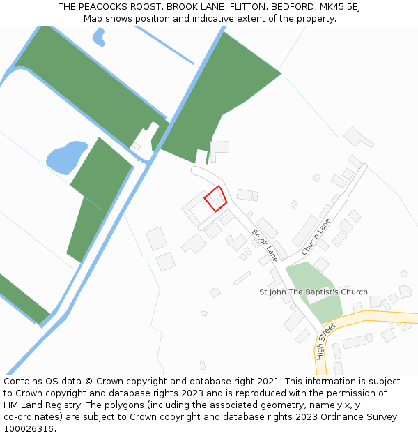 THE PEACOCKS ROOST, BROOK LANE, FLITTON, BEDFORD, MK45 5EJ: Location map and indicative extent of plot