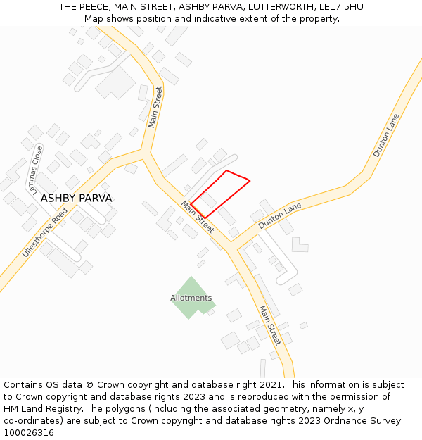 THE PEECE, MAIN STREET, ASHBY PARVA, LUTTERWORTH, LE17 5HU: Location map and indicative extent of plot