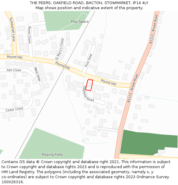 THE PEERS, OAKFIELD ROAD, BACTON, STOWMARKET, IP14 4LY: Location map and indicative extent of plot