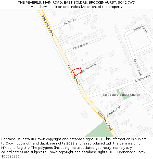 THE PEVERILS, MAIN ROAD, EAST BOLDRE, BROCKENHURST, SO42 7WD: Location map and indicative extent of plot