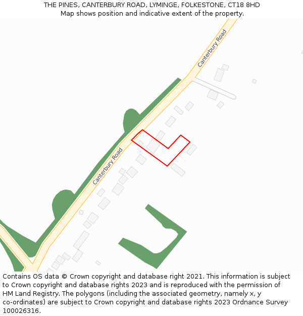 THE PINES, CANTERBURY ROAD, LYMINGE, FOLKESTONE, CT18 8HD: Location map and indicative extent of plot