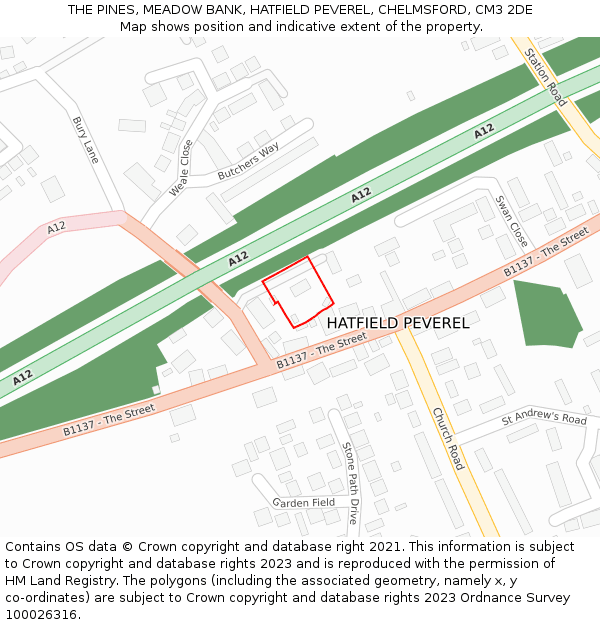 THE PINES, MEADOW BANK, HATFIELD PEVEREL, CHELMSFORD, CM3 2DE: Location map and indicative extent of plot