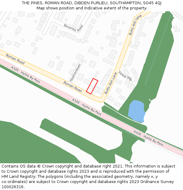 THE PINES, ROMAN ROAD, DIBDEN PURLIEU, SOUTHAMPTON, SO45 4QJ: Location map and indicative extent of plot