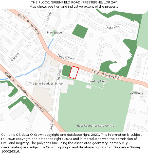 THE PLOCK, GREENFIELD ROAD, PRESTEIGNE, LD8 2AY: Location map and indicative extent of plot