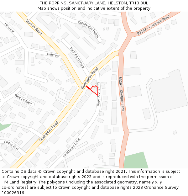 THE POPPINS, SANCTUARY LANE, HELSTON, TR13 8UL: Location map and indicative extent of plot