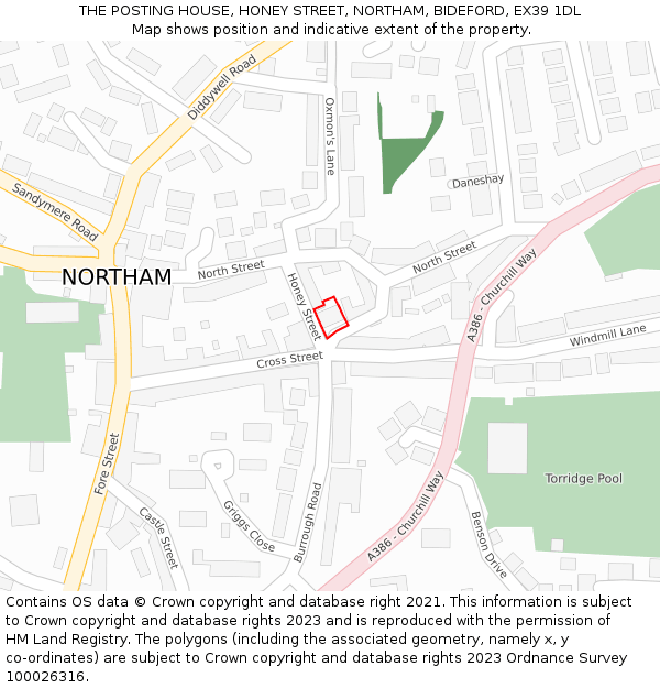 THE POSTING HOUSE, HONEY STREET, NORTHAM, BIDEFORD, EX39 1DL: Location map and indicative extent of plot