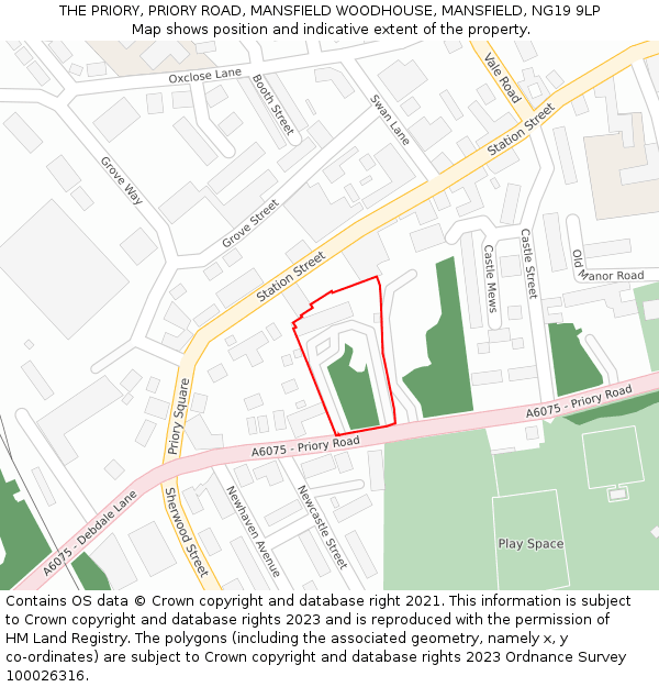 THE PRIORY, PRIORY ROAD, MANSFIELD WOODHOUSE, MANSFIELD, NG19 9LP: Location map and indicative extent of plot