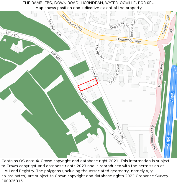 THE RAMBLERS, DOWN ROAD, HORNDEAN, WATERLOOVILLE, PO8 0EU: Location map and indicative extent of plot