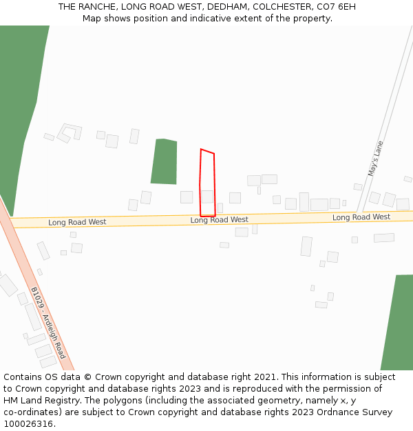 THE RANCHE, LONG ROAD WEST, DEDHAM, COLCHESTER, CO7 6EH: Location map and indicative extent of plot