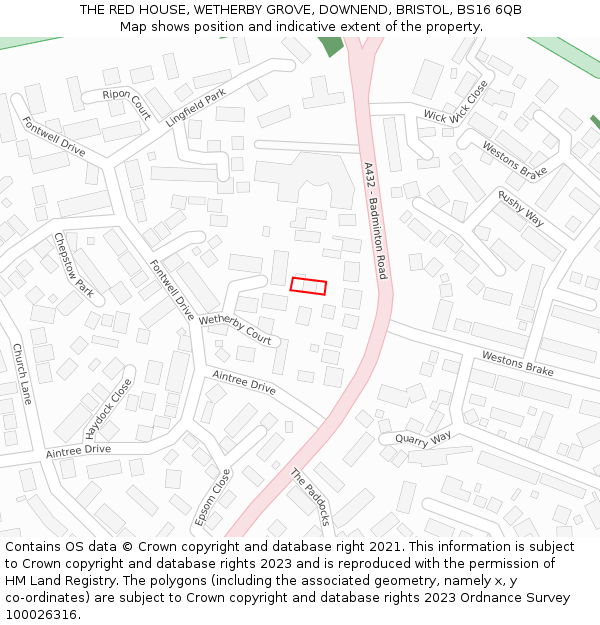 THE RED HOUSE, WETHERBY GROVE, DOWNEND, BRISTOL, BS16 6QB: Location map and indicative extent of plot