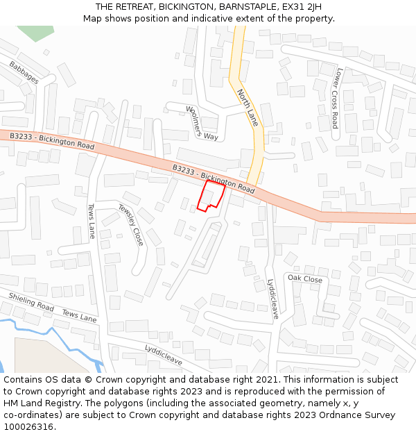 THE RETREAT, BICKINGTON, BARNSTAPLE, EX31 2JH: Location map and indicative extent of plot