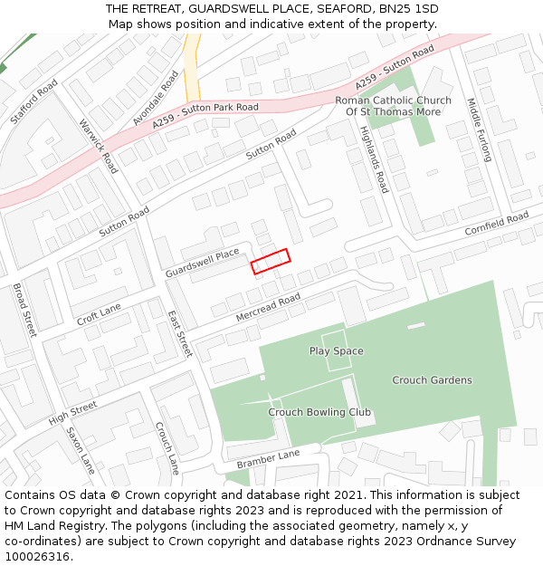 THE RETREAT, GUARDSWELL PLACE, SEAFORD, BN25 1SD: Location map and indicative extent of plot