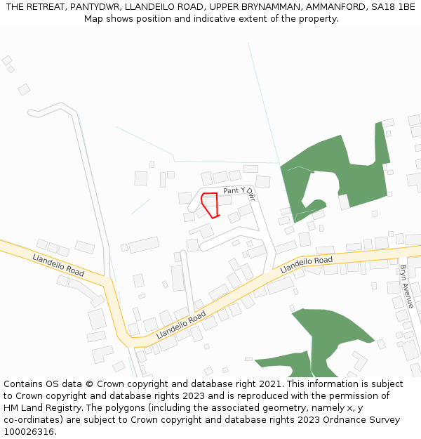 THE RETREAT, PANTYDWR, LLANDEILO ROAD, UPPER BRYNAMMAN, AMMANFORD, SA18 1BE: Location map and indicative extent of plot