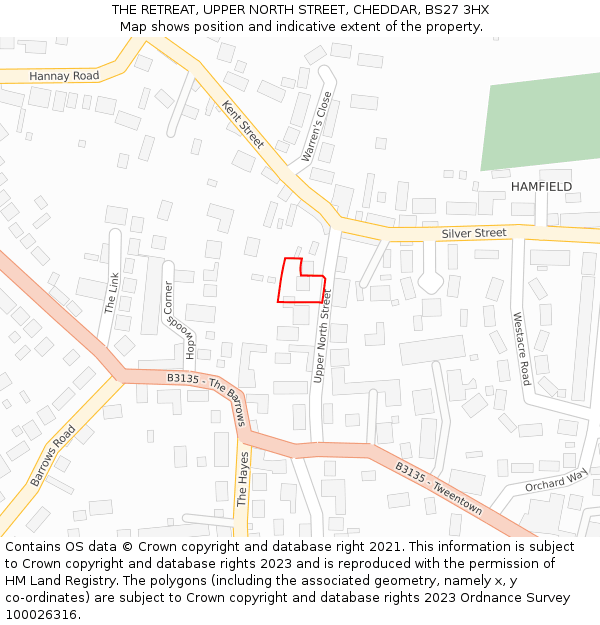 THE RETREAT, UPPER NORTH STREET, CHEDDAR, BS27 3HX: Location map and indicative extent of plot