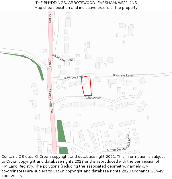THE RHYDDINGS, ABBOTSWOOD, EVESHAM, WR11 4NS: Location map and indicative extent of plot