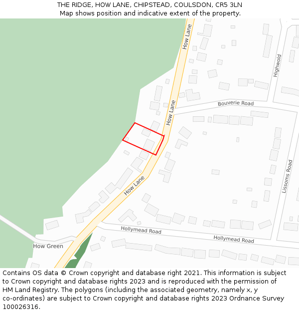 THE RIDGE, HOW LANE, CHIPSTEAD, COULSDON, CR5 3LN: Location map and indicative extent of plot