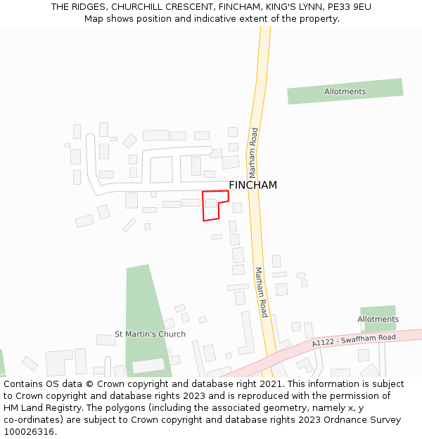 THE RIDGES, CHURCHILL CRESCENT, FINCHAM, KING'S LYNN, PE33 9EU: Location map and indicative extent of plot