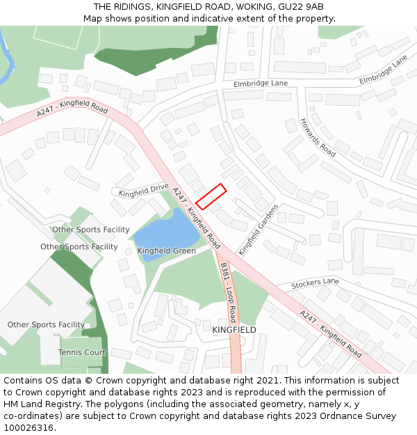 THE RIDINGS, KINGFIELD ROAD, WOKING, GU22 9AB: Location map and indicative extent of plot
