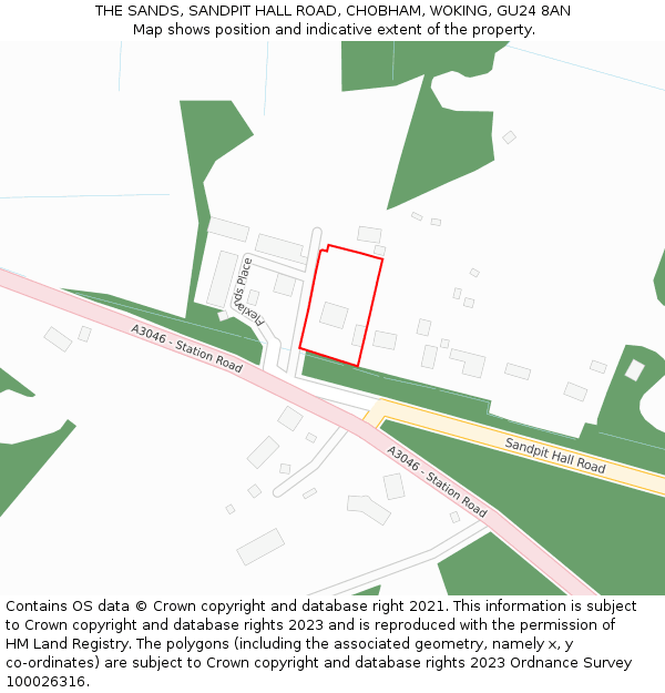 THE SANDS, SANDPIT HALL ROAD, CHOBHAM, WOKING, GU24 8AN: Location map and indicative extent of plot