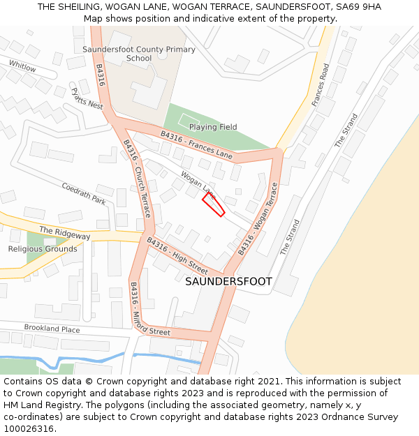 THE SHEILING, WOGAN LANE, WOGAN TERRACE, SAUNDERSFOOT, SA69 9HA: Location map and indicative extent of plot