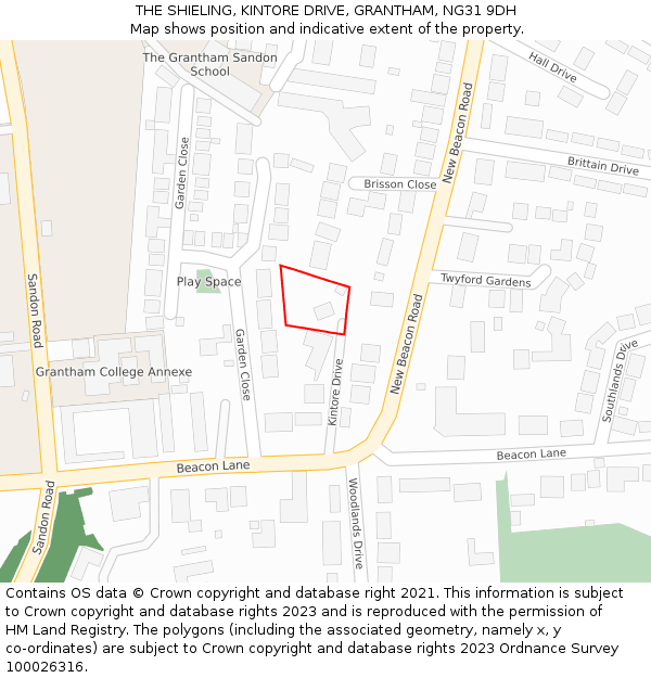 THE SHIELING, KINTORE DRIVE, GRANTHAM, NG31 9DH: Location map and indicative extent of plot