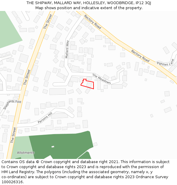 THE SHIPWAY, MALLARD WAY, HOLLESLEY, WOODBRIDGE, IP12 3QJ: Location map and indicative extent of plot