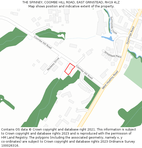 THE SPINNEY, COOMBE HILL ROAD, EAST GRINSTEAD, RH19 4LZ: Location map and indicative extent of plot