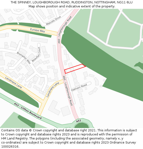 THE SPINNEY, LOUGHBOROUGH ROAD, RUDDINGTON, NOTTINGHAM, NG11 6LU: Location map and indicative extent of plot