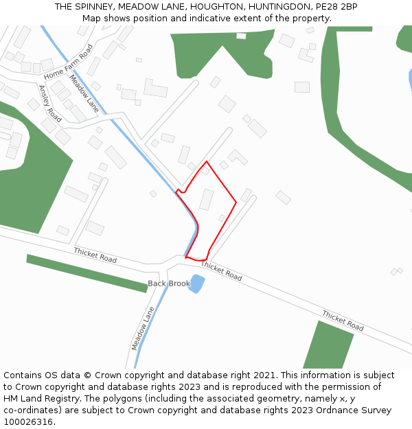 THE SPINNEY, MEADOW LANE, HOUGHTON, HUNTINGDON, PE28 2BP: Location map and indicative extent of plot