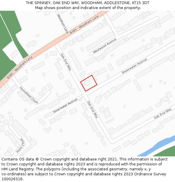 THE SPINNEY, OAK END WAY, WOODHAM, ADDLESTONE, KT15 3DT: Location map and indicative extent of plot