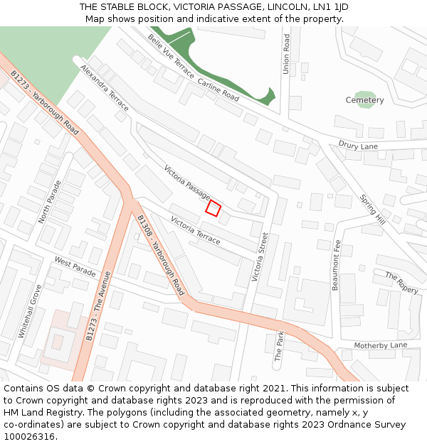 THE STABLE BLOCK, VICTORIA PASSAGE, LINCOLN, LN1 1JD: Location map and indicative extent of plot