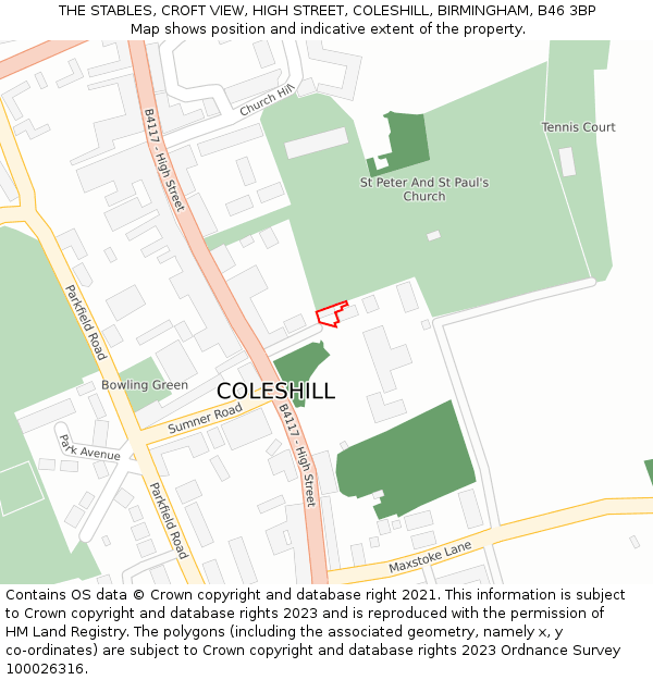 THE STABLES, CROFT VIEW, HIGH STREET, COLESHILL, BIRMINGHAM, B46 3BP: Location map and indicative extent of plot