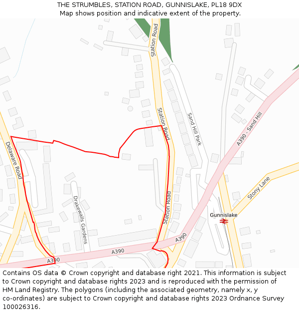 THE STRUMBLES, STATION ROAD, GUNNISLAKE, PL18 9DX: Location map and indicative extent of plot