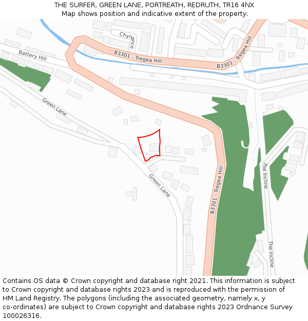 THE SURFER, GREEN LANE, PORTREATH, REDRUTH, TR16 4NX: Location map and indicative extent of plot