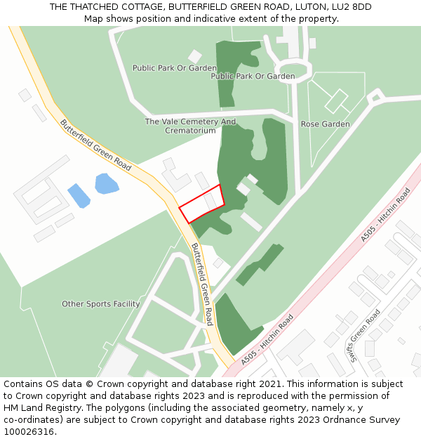 THE THATCHED COTTAGE, BUTTERFIELD GREEN ROAD, LUTON, LU2 8DD: Location map and indicative extent of plot