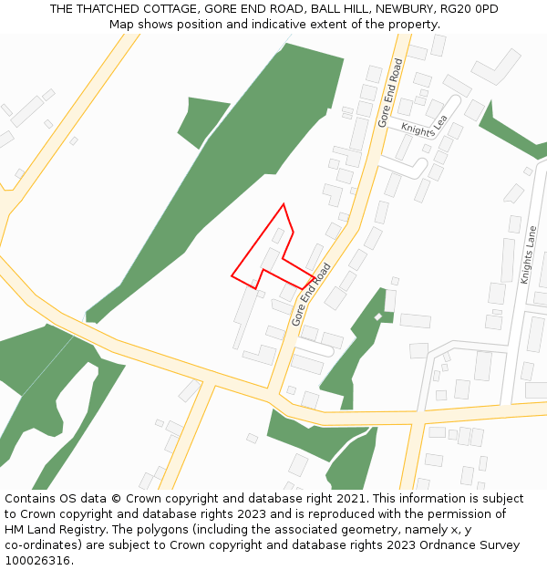 THE THATCHED COTTAGE, GORE END ROAD, BALL HILL, NEWBURY, RG20 0PD: Location map and indicative extent of plot