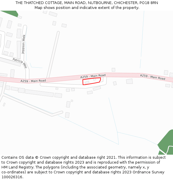 THE THATCHED COTTAGE, MAIN ROAD, NUTBOURNE, CHICHESTER, PO18 8RN: Location map and indicative extent of plot