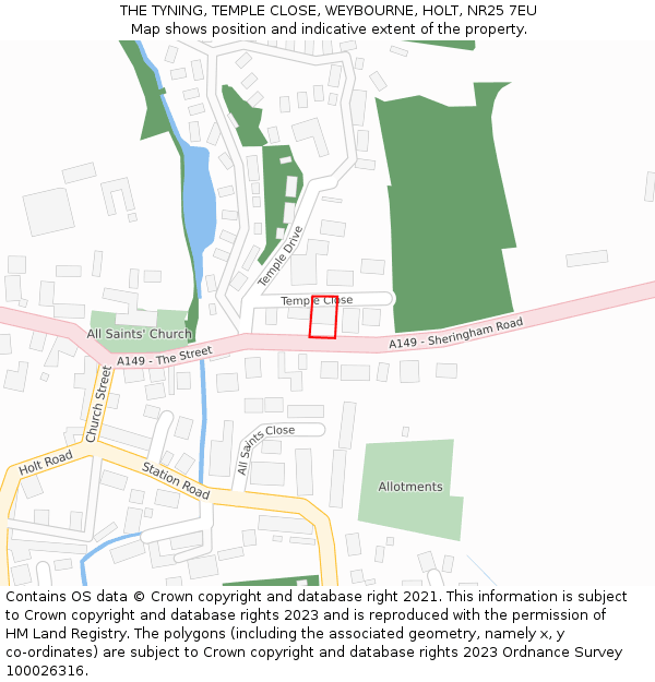 THE TYNING, TEMPLE CLOSE, WEYBOURNE, HOLT, NR25 7EU: Location map and indicative extent of plot