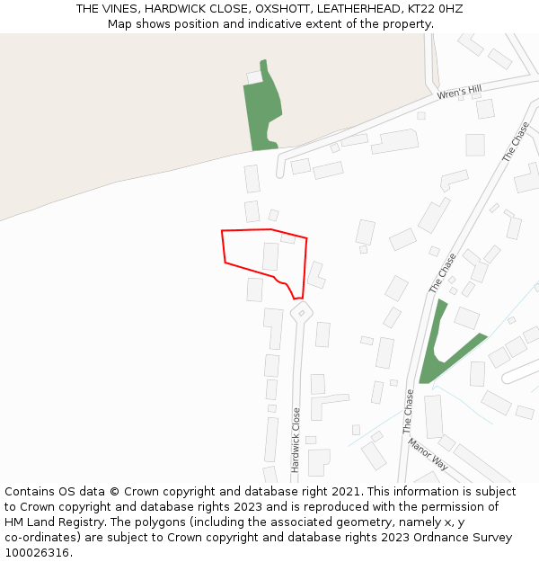 THE VINES, HARDWICK CLOSE, OXSHOTT, LEATHERHEAD, KT22 0HZ: Location map and indicative extent of plot