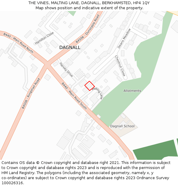 THE VINES, MALTING LANE, DAGNALL, BERKHAMSTED, HP4 1QY: Location map and indicative extent of plot